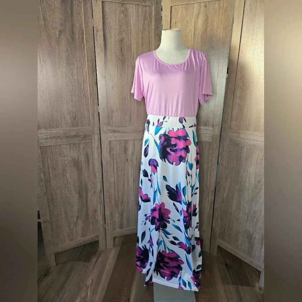 Women maxi pink flowers dress 3XL - Picture 4 of 12